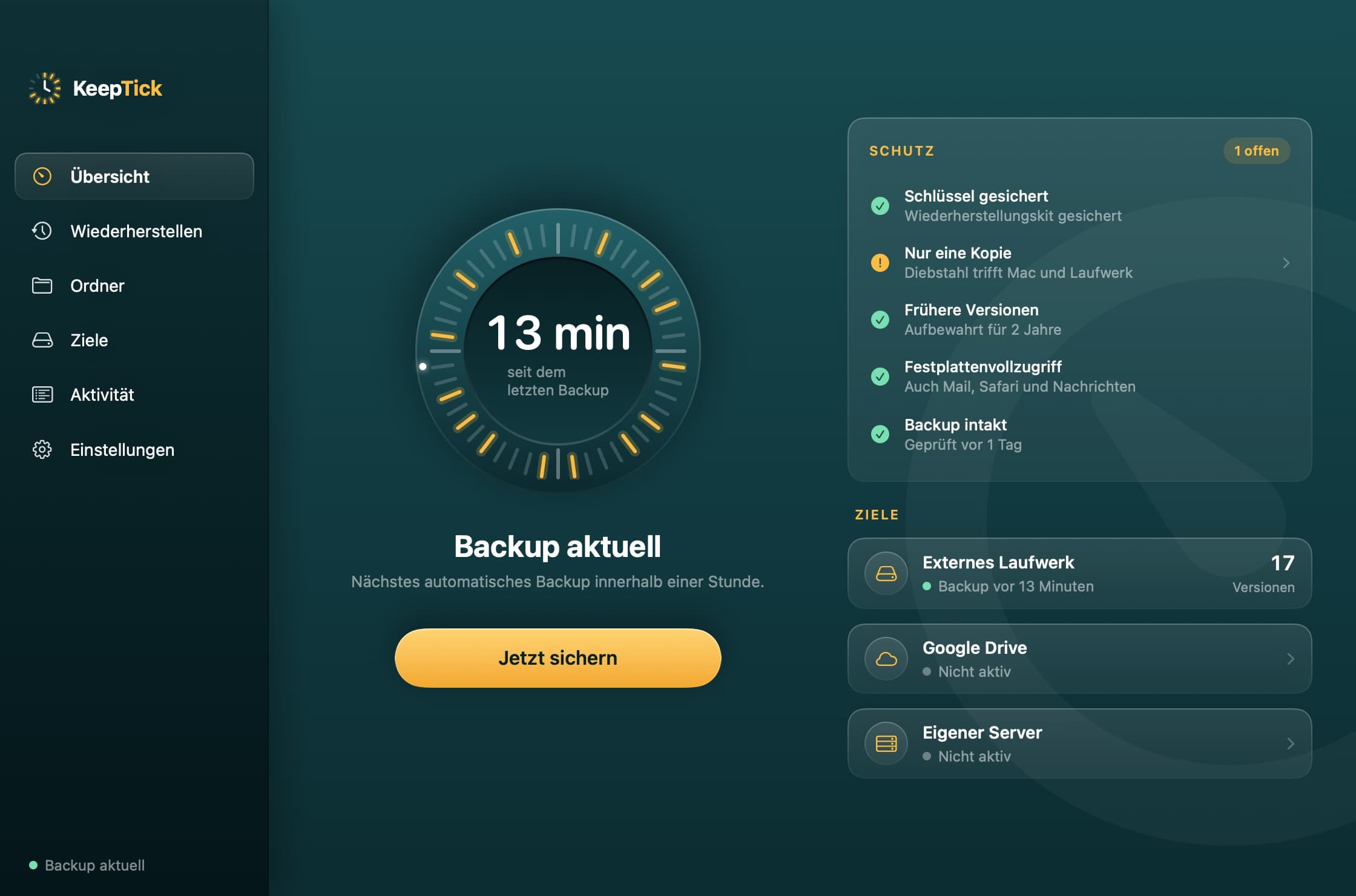 Die Übersicht von KeepTick: das Zifferblatt mit dem letzten Backup, der Schutzstatus und die Ziele
