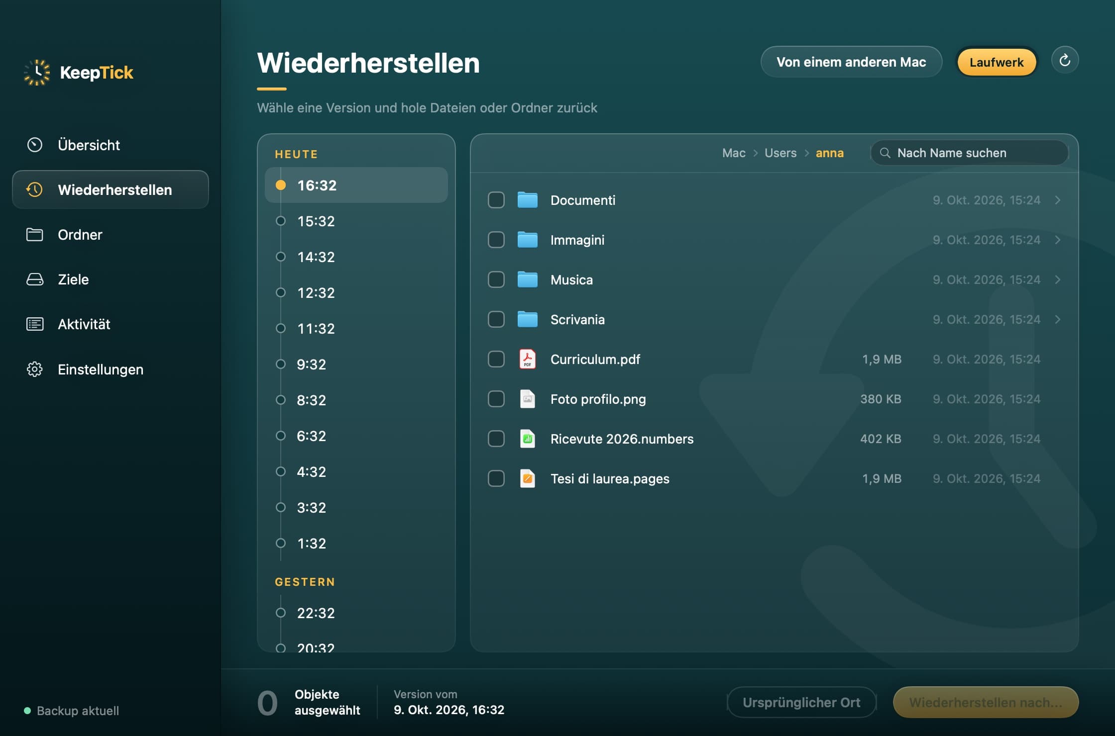 Die Seite Wiederherstellen von KeepTick: die Zeitleiste der Versionen und die Dateien eines Ordners