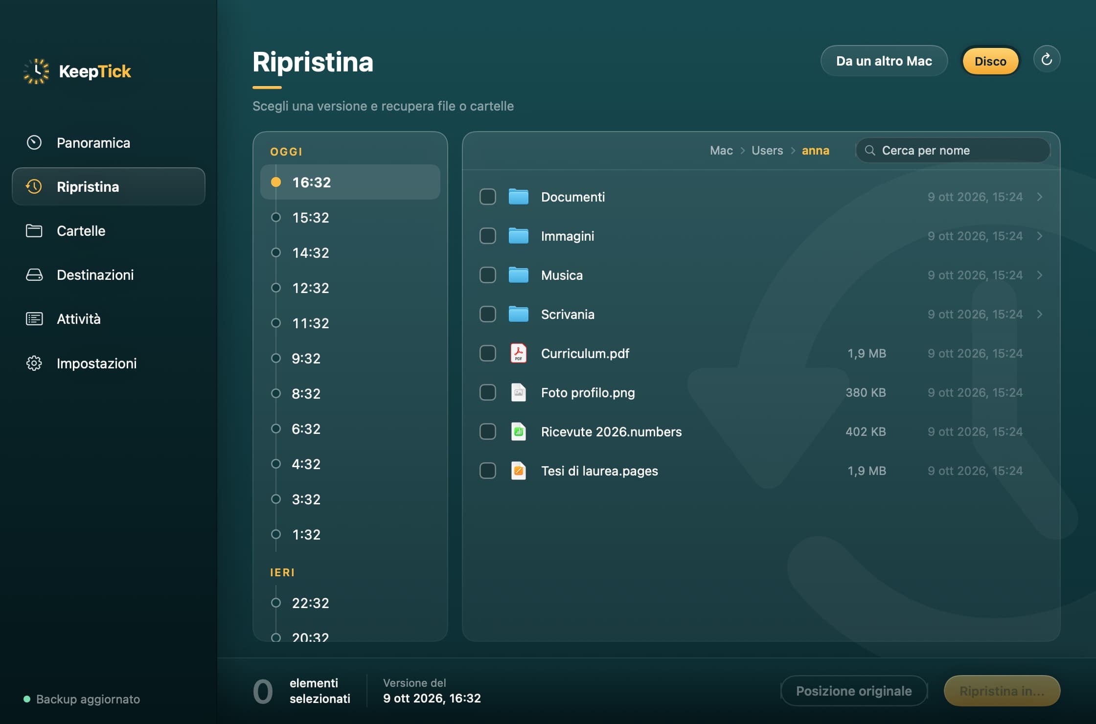 La pagina Ripristina di KeepTick: la linea del tempo delle versioni e i file di una cartella