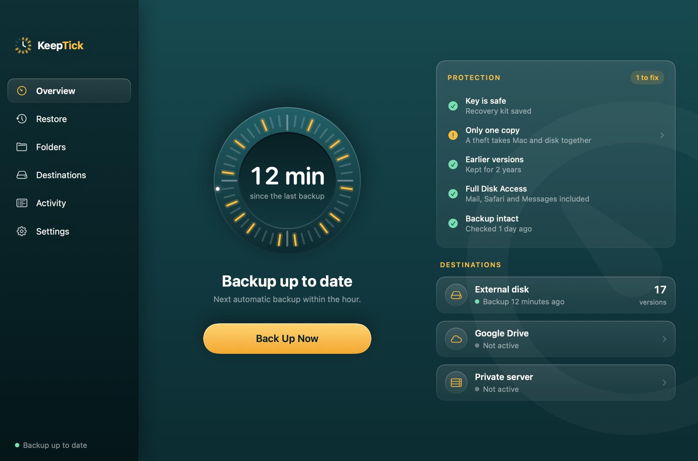 The KeepTick Overview: the dial with the last backup, the protection status and the destinations